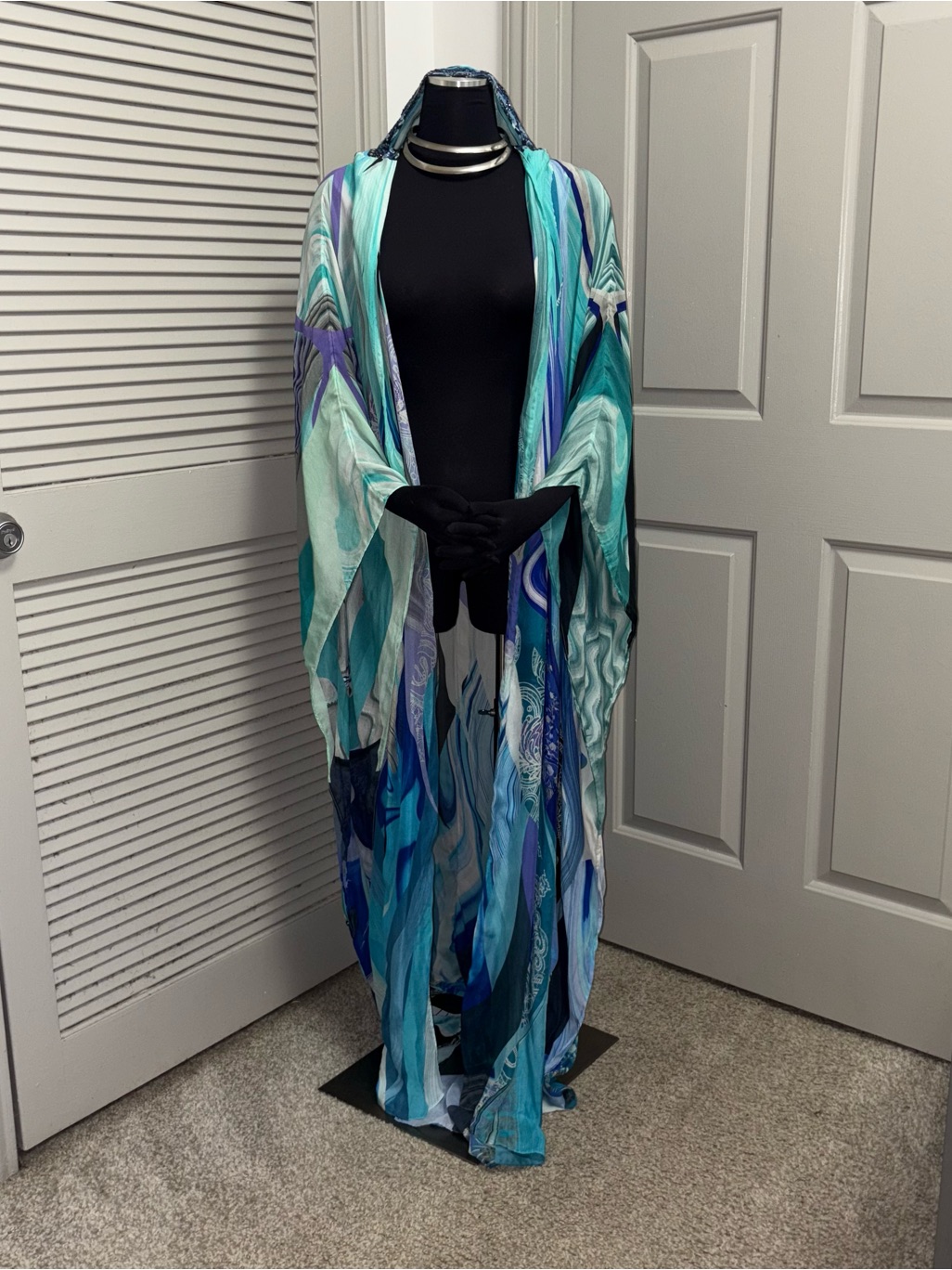 Camilla Turquoise, Teal And Navy Marble Print Silk Kaftan
